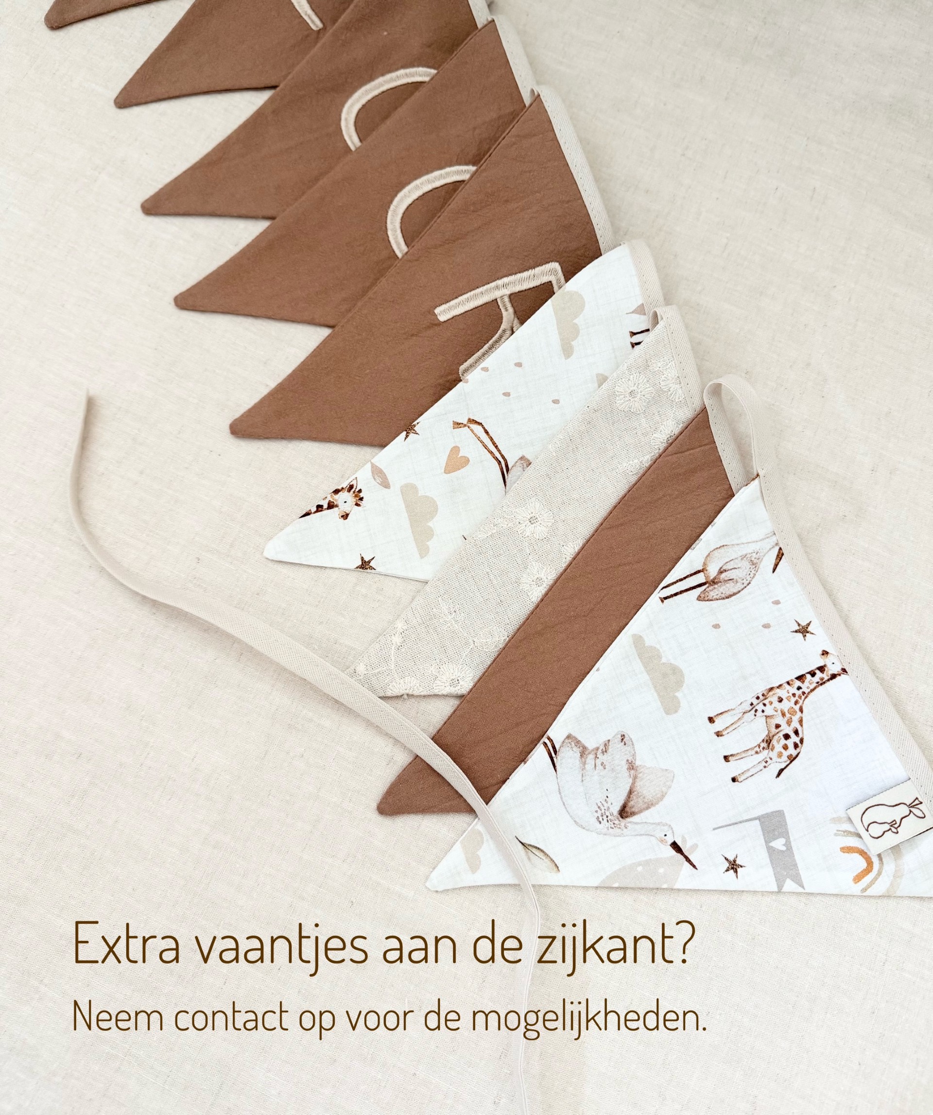 naamslinger met meerdere driehoek vaantjes en dieren.